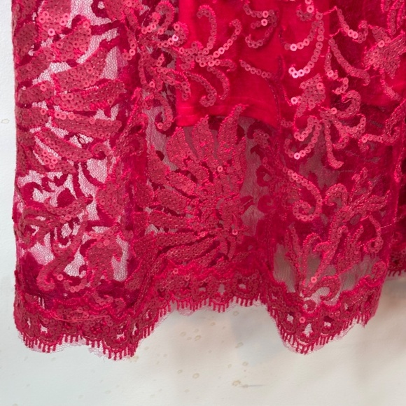 TADASHI SHOJI Red Lace Dress 6 Illusion Neck Sequin Bow Holiday Christmas Formal - Picture 6 of 16